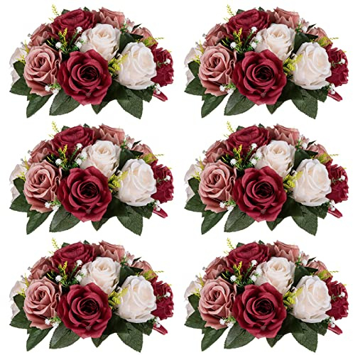 Nuptio Artificial Flower Centrepieces for Tables - 6 Pcs Burgundy & Dusty Rose & Creamy White Fake Flowers Roses Balls 9.5in Diam - Silk Faux Rose Arrangement for Wedding Party Centerpiece Table Decor