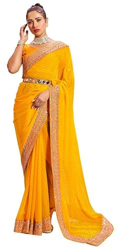 Satrani Sari en dentelle Georgette imprimée et brodée avec chemisier non cousu pour femme, Jaune, taille unique