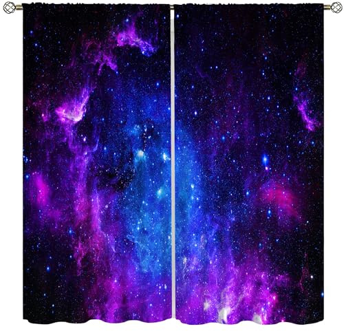 AAVEUP Galaxy Curtains for Boys,Universe Beautiful Blue Purple Meteor Solar System Planet Outer Space Window Drapes for Kids Boys Youth Living Room 42x45in（No Blackout）