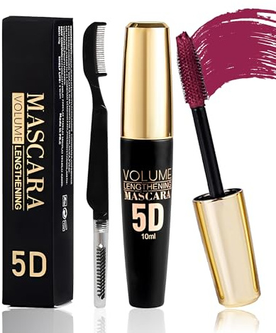 Burgundy 5D Telescopic Mascara for Eyelashes, Waterproof Long Lasting Smudge-proof Colored Mascara, Silk Fiber Wimperntusche Volumen & Längen, Lashes Extensions Effect, Make-up für Weihnachten-08