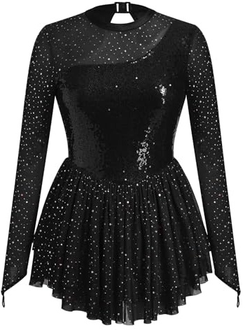 Figure Skating Dress for Women Sparkly Sequins Mesh Long Sleeve Teen Girl Ice Skater Outfits Mock Neck Adult Rhythmic Gymnastics Leotard Chiffon Mini Skirt Lyrical Dance Outfits Black M
