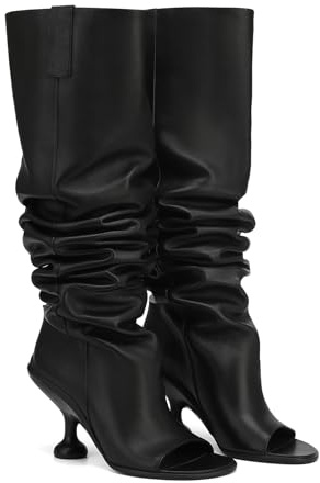 Kapxumo Women's Leather Knee High Boots Open Square Toe Pull On Slouchy Under the Knee Boots Wedge Heel Wide Calf Boots Fashion Dress Party Black Boot