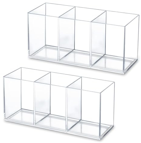 Thatyro Confezione da 2 supporti trasparenti per pennelli da trucco, 3 scomparti per penne, organizer in acrilico argentato per la conservazione di scrivanie, matite e utensili (trasparenti)