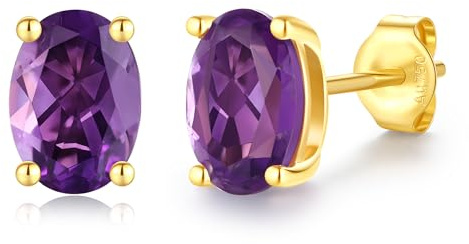 FANCIME Solide 14 Karat 585 Gelb Gold Oval Ohrringe Ohrstecker mit Echt Natürlich Amethyst Geschenk Schmuck für Damen Mädchen Mama, Größe: 5 * 7 mm