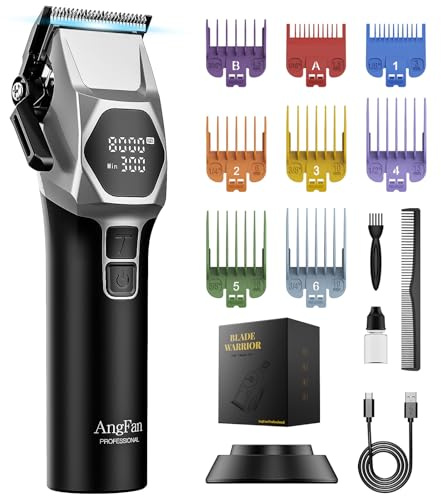 ANGFAN Professional Cordless Hair Clippers for Men - 8000RPM 5-Speed Motor with 440C Black Oxide Blades, Barber Clippers Kit with Charging Dock & 8 Guards,Salon Grade Hair Cutting Set for Barbers