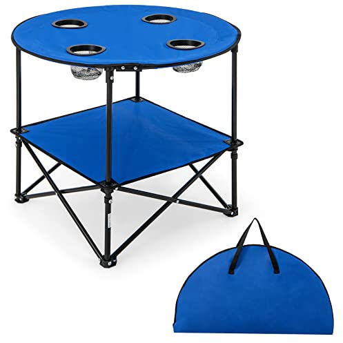GIANTEX Tavolo da picnic rotondo pieghevole, tavolo da campeggio a 2 livelli con 4 portabicchieri in rete, telaio metallico a forma di X, tessuto Oxford, carico 40 kg, per barbecue, spiaggia, blu