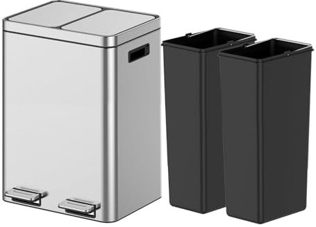 Attracoast 10.6 Gallon Stainless Steel Trash Can - 2 Separate Bins with Removable Liners, Soft-Close Lid & Foot Pedal - Kitchen Recycling/Waste System