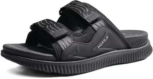 KuaiLu Sandales Hommes Confortable Sport et d'extérieur Orthopedique Plantaire Confort Claquettes Marche Réglables Cuir été Randonnée Trekking Plage Piscine Sandalette Ouverte Antidérapante Noir 45