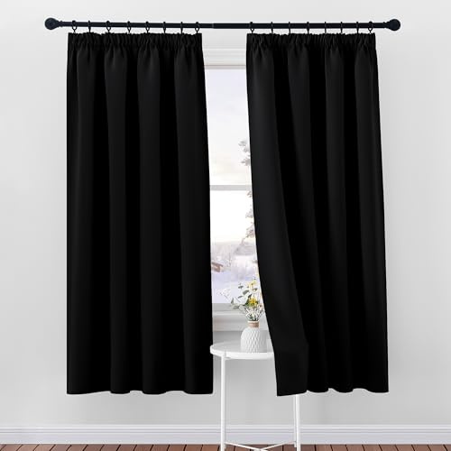 PONY DANCE Blackout Pencil Pleat Curtains, Black, W52 x L72 Inch, 2 Panels | Thermal Insulated Curtains with Noise Reducing & Privacy, Luxury Soft Window Treatment for Bedroom & Living Room