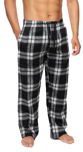 Active Club Men’s Flannel Pajama Pants – Soft Sleep & Lounge Pants with Pockets & Adjustable Drawstring – Plaid Lounge Bottoms (Black Plaid, Medium)