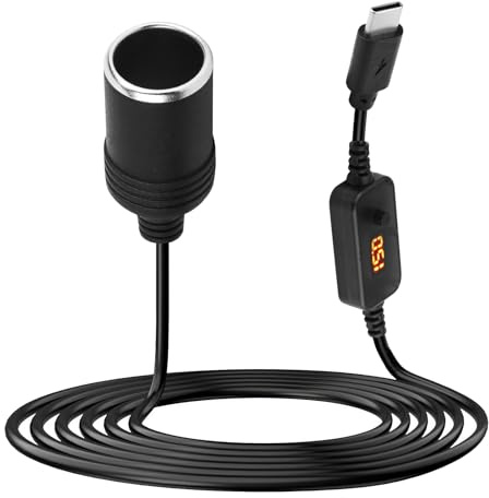 Lumitrex 1,2 M Cable USB C Macho a Mechero Hembra 12V, Adaptador USB C a Encendedor de Cigarrillos con Voltaje Ajustable 5V 9V 12V 15V 20V, LED Indicador para GPS, Cámara y Luces LED