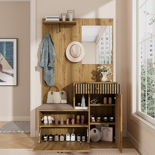Merax Armoire d'entrée murale compacte 110 x 37 x 185,5 cm avec tiroirs, étagères réglables, miroir, coussin rembourré et rangement pour chaussures, couleur cachemire : bois et noir