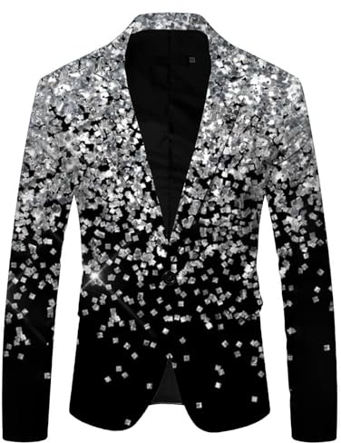 Blazer Hombre Chaqueta Traje Chaquetas Vestir Fiesta Americanas para Hombres Slim Fit con Botones Trajes de Lentejuelas Brillante Impreso en 3D Carnaval Ropa Transpirable Cuello en V para Boda