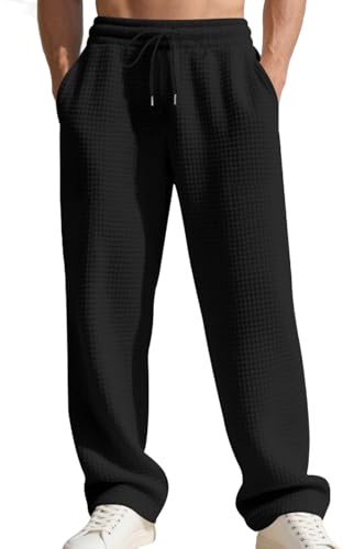 FOCLMP Black Sweatpants Waffle Sweatpants Men Textured Drawstring Waist Solid Wide Leg Straight Joggers Casual Comfy Workout Lounge Pants M