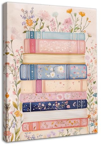 Dazzlewall Arte de Pared en Lienzo Rosa Vintage, Impresión de Arte de Pila de Libros Florales Retro Habitación de Niñas Dormitorio Decoración de Pared para Dormitorio Sala de Estar, 30x40 cm Enmarcado