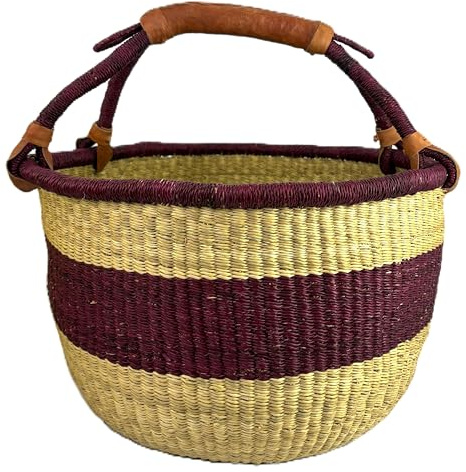 Cesto Rotondo Bolga Grande circa Ø 40 x 40 cm – Artigianale dal Ghana – Fair Trade – Cesto per la Spesa con Manico in Pelle – Rosso Scuro-Naturale