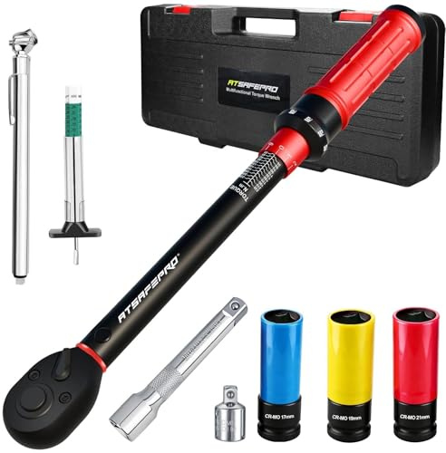 ATsafepro 8-Stycken Momentnyckel Set 1/2, 20-230 Nm, Däcktrycks- och Mönsterdjupsmätare, ±3% Noggrannhet, 72-Tands Ratt med 3 Hylsor, Förlängningsskaft, Adapter för Bil MC