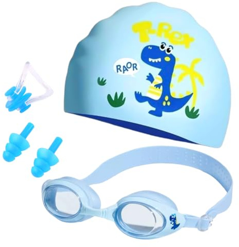 Dinosaur Kids Swimming Cap Set, Dinosaur Swim Goggles Swim Caps Silicone Swimming Hat Waterproof Swimm Hat with Goggles, Nose Clip, Ear Plugs Summer Water Supplies for Children Cute Animal