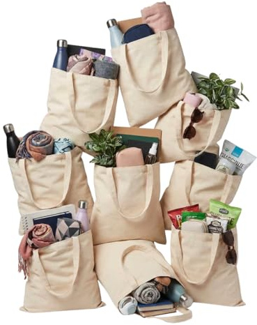ORATIC Pack Tote Bag 100% Algodón Natural Reutilizables de 42x38cm y 140 g/m² – Bolsas de Tela Resistentes para Uso Diario con Asas Largas de 70cm y Tamaño Práctico (Pack 10)