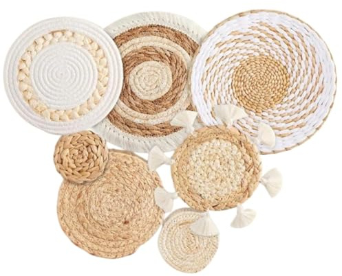Art Mural decoration boheme, Panier Mural bohème, Lot de 7 Plats Ronds à Suspendre en macramé, décoration tissée en Paille pour Salon, Chambre à Coucher, Salle Manger, paniers