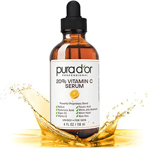 PURA D'OR 20% Vitamin C Serum (118 mL) With Hyaluronic Acid, Ferulic Acid, Vitamin E, Super Anti-Oxidants, Argan Oil & Aloe Vera - Professional Strength
