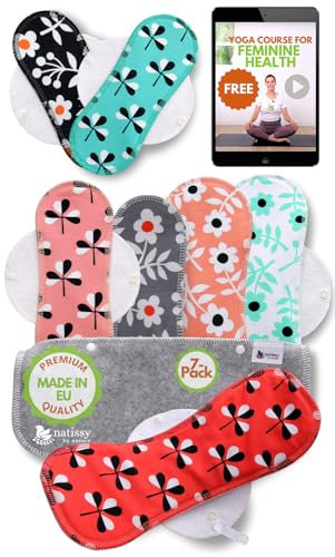 Compresas reutilizables en algodón orgánico para flujo menstrual ligero y abundante (S+M+L+XL, 7 uds); lavables a alta T°, HECHAS EN LA UE; suaves, no irritantes y cómodas, compresas tela para mujeres