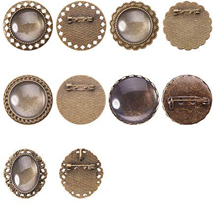 NBEADS 50-teilige Legierungsbrosche, runde Broschen Broschenzubehör mit Glas-Cabochons für die Heimwerkerherstellung, antike Bronze, Tablett: 25 mm