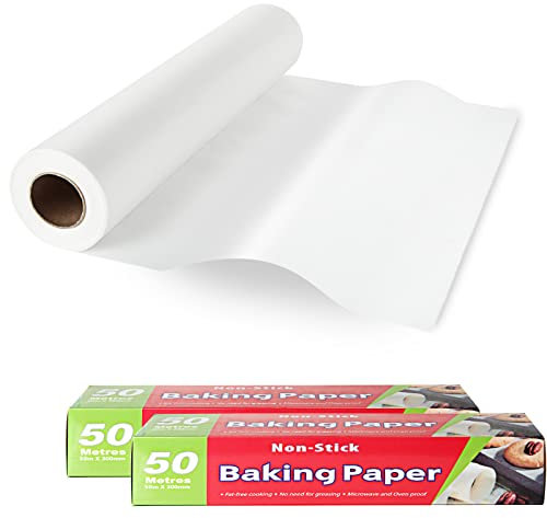 AKOLAFE 2 rollos de papel de horno, 50 m x 30 cm, reutilizables, de silicona, color blanco, para moldes rectangulares