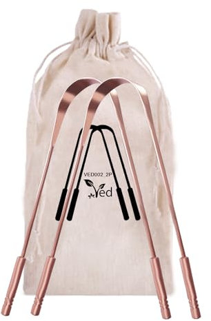 Ved Zungenschaber aus 100% reinem Kupfer mit umweltfreundlicher Reisetasche, 2 Stück, Zungenreiniger aus natürlichem Kupfer, mit gutem Griff und bequemem Griff.