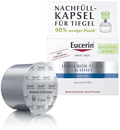 Eucerin Hyaluron-Filler Ricarica Crema Notte 50 ml, Refill crema viso antirughe e antiossidante, Formula con Acido Ialuronico rigenerante durante la notte per tutti i tipi di pelle