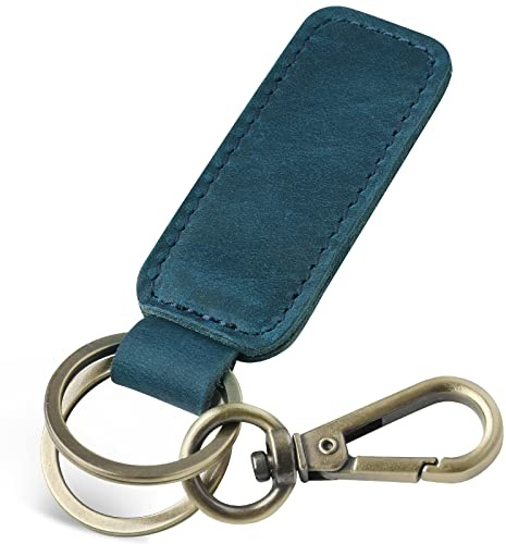 Jack&Chris Genuine Leather Car Keychain, Universal Key Fob Keychain, Leather Key Chain Holder for Men and Women, 2 Keyrings and Carabiner Clip, JC306-Blue
