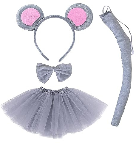 TSHAOUN Fascia per Orecchie Topo, Costumi Animali Set, Fascia per Orecchie Coda per Bambini Cosplay Festa Compleanno Carnevale Forniture per Feste di Natale. (Grigio)