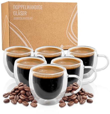 Exitoso Lot de 6 verres à latte macchiato à double paroi - 80 ml - Verres à café à double paroi - Verre borosilicate - Verres à café avec anse