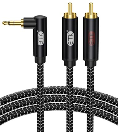 EMK Cinch Kabel Winkelstecker 3,5mm auf 2RCA Kabel 90 Grad 3,5 mm Jack Y Splitter Cable RCA (R&L) Nylon Geflochtene Rechteckiger AUX für Smartphone, Lautsprecher, Soundbar, TV, Auto Stereo (1 meter)