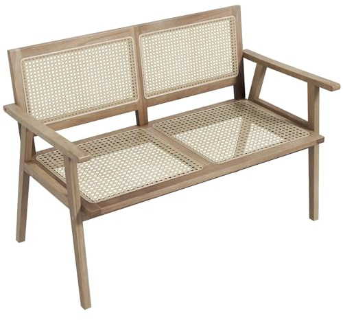 Tangkula Outdoor Teak Wood Garden Bench, 2-Person Patio Bench with Armrests, Rattan Backrest & Seat, Patio Garden Bench for Porch, Lawn, Balcony and Backyard, Natural