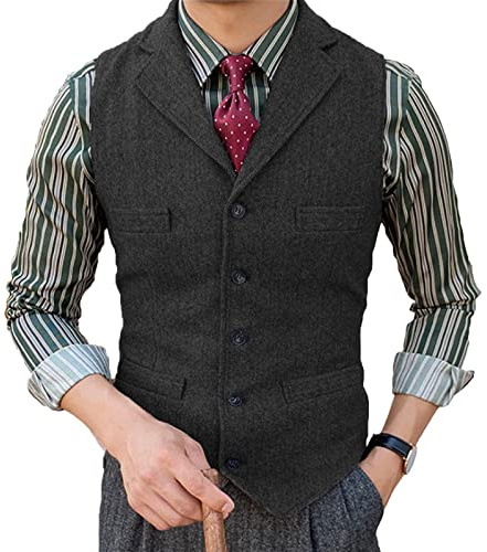 Tuikayoo Herrkostym väst smal passform ullklänning väst tweed fiskben för best man, svart, M