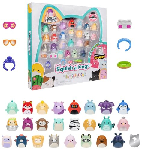 Squish-a-Longs Lot de 25 – Série 2 – (25) Mini-Squish de 2,5 cm, 5 Accessoires, 1 Anneau et 1 Guide de Collection – 2 Figurines Chase – Collectionnez, échangez et jouez