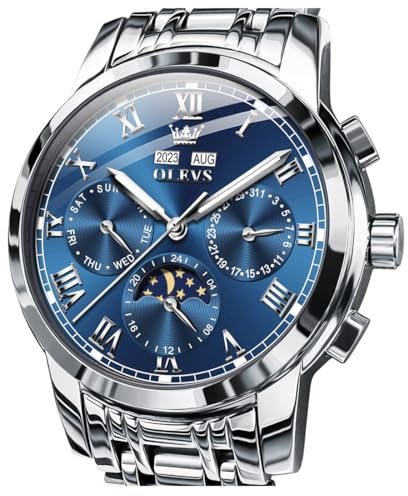 OLEVS Blaue automatische Herrenuhren, goldene selbstaufziehende mechanische Business Luxus-Armbanduhr aus Edelstahl mit Mondphase, wasserdicht, Leuchtend, mit Kalender für Männer