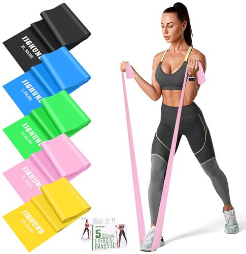 5 Stücke Fitnessbänder, 1.5M Widerstandsbände Gymnastikband in 5 Stärke Resistance Bands Fitnessband für Pilates Yoga Männer Frauen Sport Home Gym