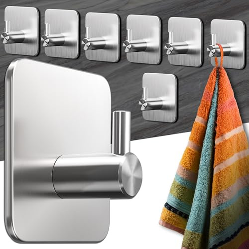 Menz Handtuchhalter ohne Bohren - 8 Stück Badezimmer Handtuchhalter, Edelstahl Klebehaken, funktionale Haken, Haken selbstklebend, Handtuchhaken für Bad, Küche, mit wasserfesten Klebepads
