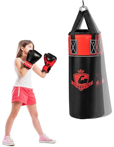 GOPLUS boxningssäck set barn från 3 år, hängande ungdomsaggsäck med boxhandskar, handöglor och förvaringsväskor, utbytbar fyllning, i Karate kickboxar Taekwondo (röd)