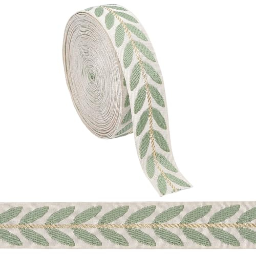 CABODYALS Nastro con Motivo A Foglia Ricamato Verde Da 10 metro e 1 pollici Nastri con Ricamo Floreale Etnico Da 1 pollici Tessuto Intrecciato Passamaneria Primaverile Vintage per Cucire Realizzare Bo