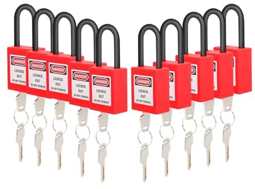 10 stycken Lockout Tagout lås hänglås LOTO säkerhetslås 38 mm – varje lås med 2 nycklar röd nylon hänglås med varnetikett för industriella tillämpningar