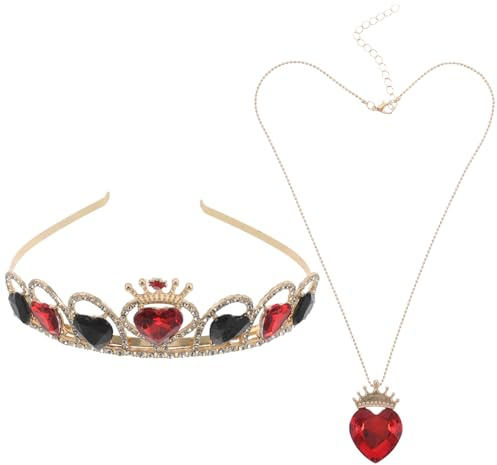POPETPOP Diadème de Mariage en Alliage avec Cristaux de Cœur Noir et Rouge Collier Assorti pour Femme Couronne d'Anniversaire Élégante Accessoire de Tête pour Bal Fête ou Déguisement