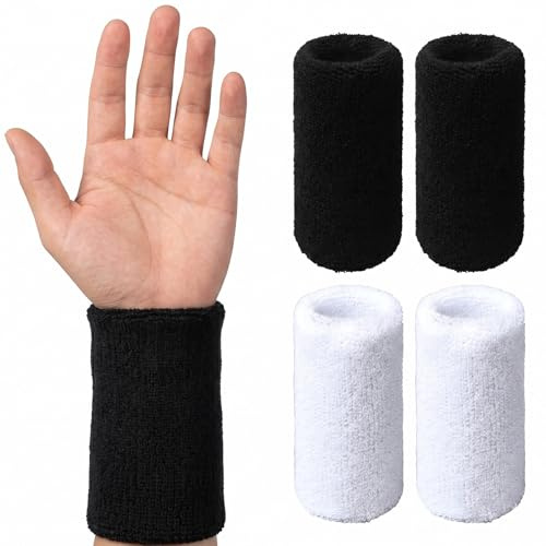 4 sportarmband 15 cm långa, svettabsorberande paddelarmband och sneakers, 4-pack armband för gym, basket, herr och dam, svart och vitt