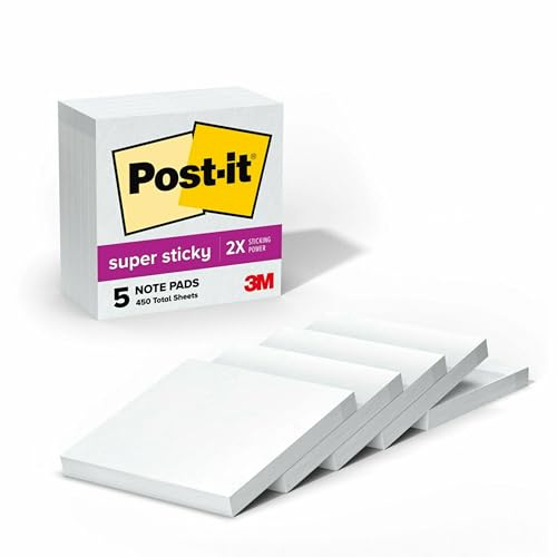 Post-it Super Sticky Notes, 2X Sticking Power, 3 x 3-Inches, White, 5-Pads/Pack (654-5SSW)