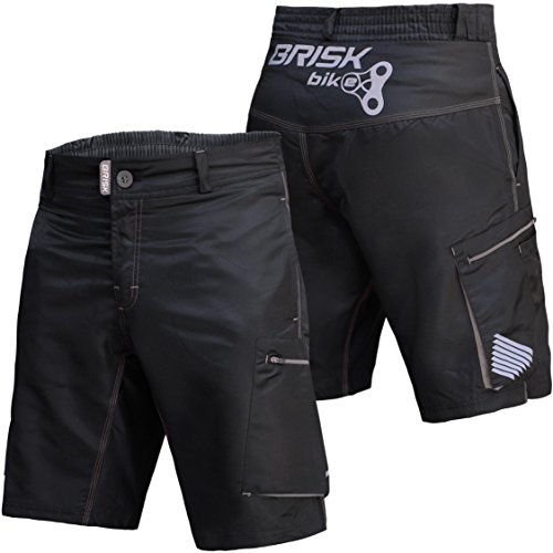 Brisk Bike Men’s MTB Shorts with Attachable Padded Liner, Breathable and Lightweight Cycling, Running, and Hiking Shorts with 5 Pockets (Black/Grey, M)