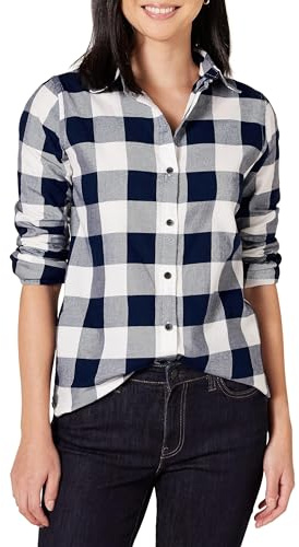 Amazon Essentials Women's Regular-Fit Long-Sleeve Lightweight Cotton Brushed Flannel Shirt, Navy Buffalo Plaid, Large