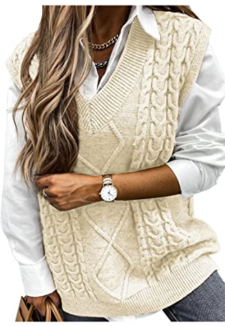 Pulls sans Manches Gilet Tricoté Veste Chaud Chandail Débardeur Tank Top Crop Sweater col V Oversize Pullover Tops Câble Tricots Décontracté Automne Hiver Filles Femmes,Beige1 M