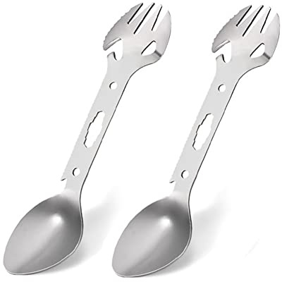 DUBENS 2 stycken utomhus spork metall gaffel sked camping rostfritt stål köksredskap 8-i-1 kombination funktionellt verktyg kan öppna flaska öppnare tandskärare (silver)